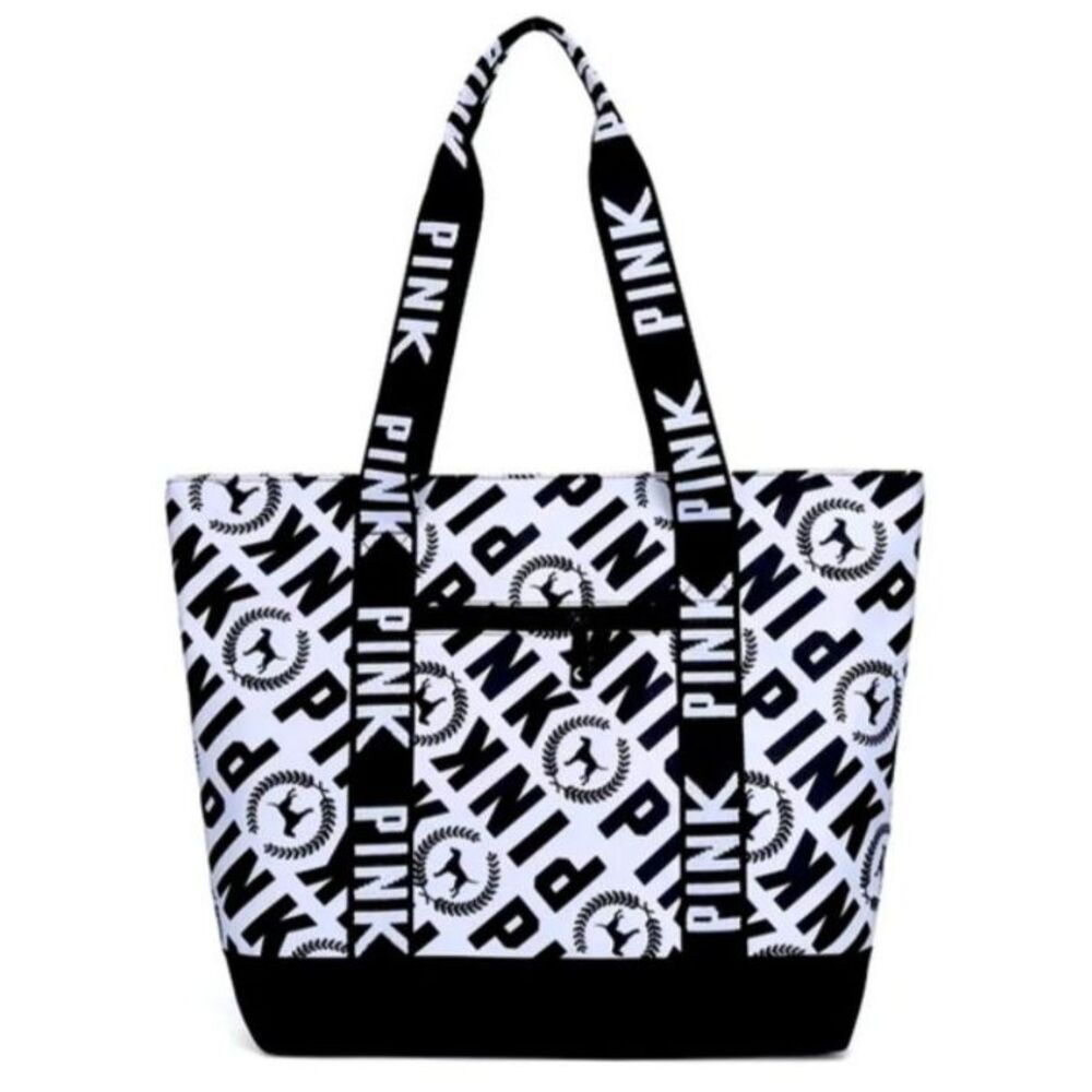 PINK Victorias' Secret Women's Black White Logo Shoulder Strap Large Tote Bag